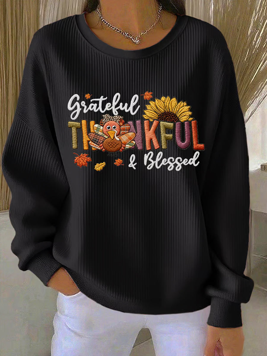 Women's Retro Thanksgiving GOBBLE Print Ribbed Round-Neck Sweatshirt