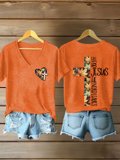 Women's Fall For Jesus, He Never Leaves Cross Short Sleeve T-Shirt