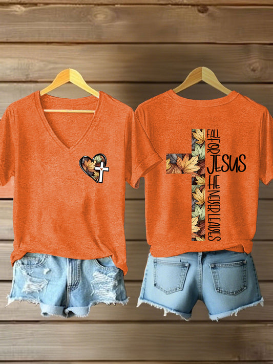 Women's Fall For Jesus, He Never Leaves Cross Short Sleeve T-Shirt