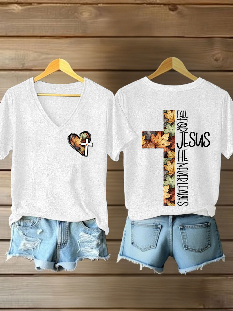 Women's Fall For Jesus, He Never Leaves Cross Short Sleeve T-Shirt