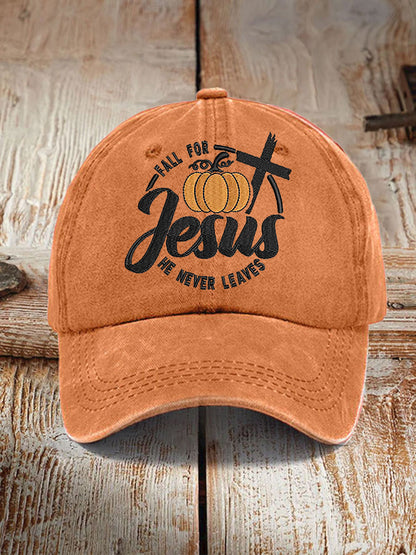 Unisex Fall For Jesus, He Never Leaves Cross Print Hat