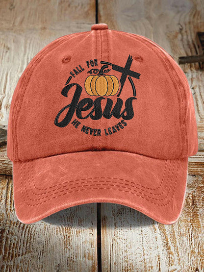 Unisex Fall For Jesus, He Never Leaves Cross Print Hat
