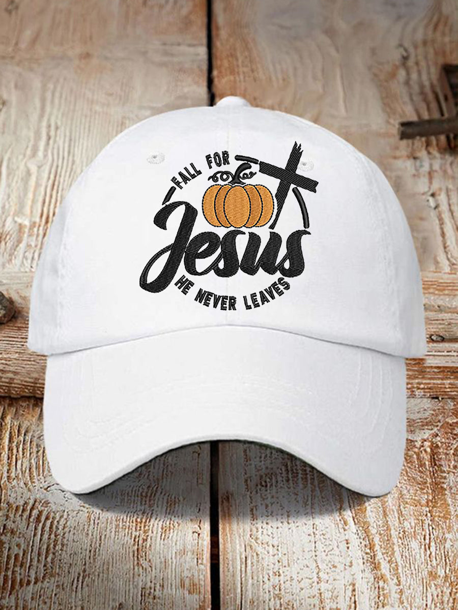 Unisex Fall For Jesus, He Never Leaves Cross Print Hat
