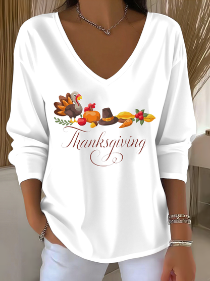 Women's Thanks giving day turkey Printed V-Neck T-Shirt