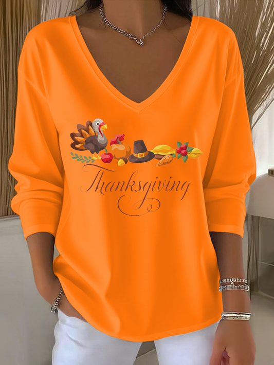 Women's Thanks giving day turkey Printed V-Neck T-Shirt