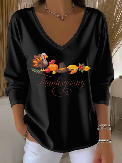 Women's Thanks giving day turkey Printed V-Neck T-Shirt
