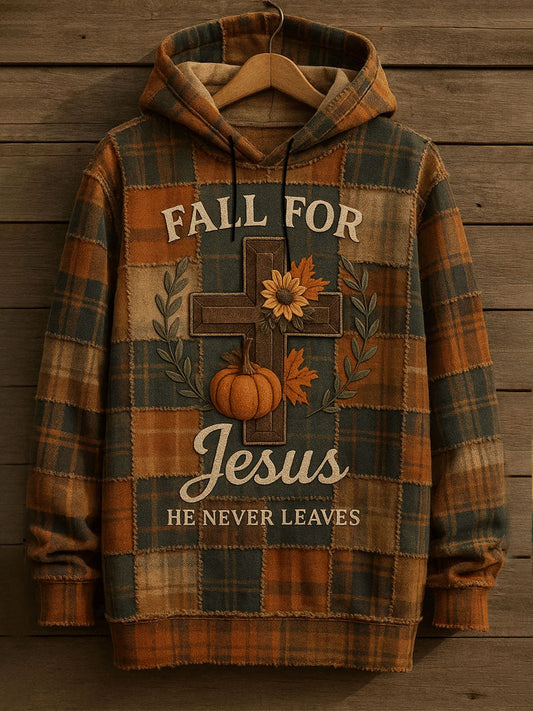 Men's Fall For Jesus He Never Leaves Drop-Shoulder Hoodie