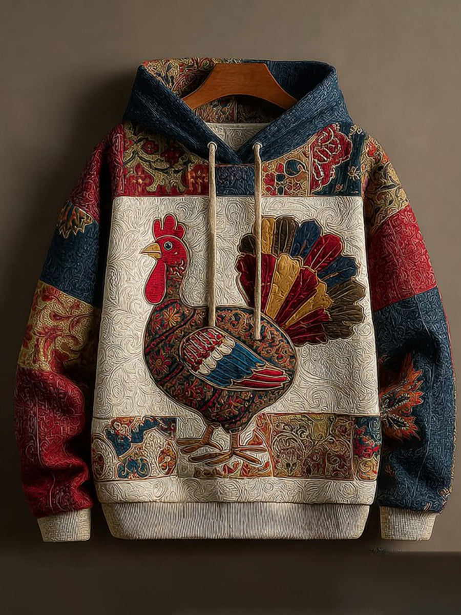 Vintage Thanksgiving Turkey Patchwork Print Art Casual Hoodie