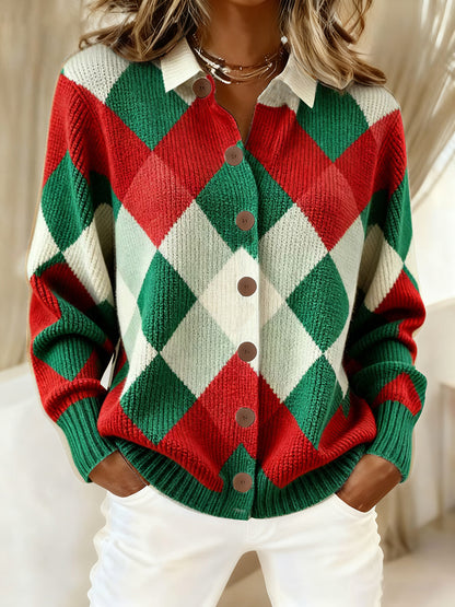 Women's Retro Christmas Plaid Art Print Casual Cardigan