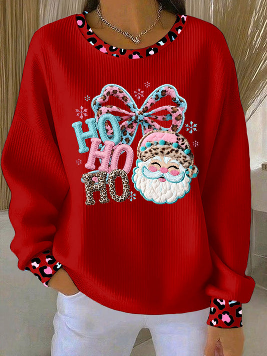 Women's Santa Claus pink and blue leopard print Ribbed Round-Neck Sweatshirt