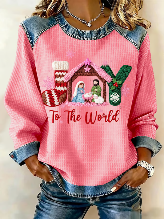 Women's Merry Christmas Denim Patchwork Top