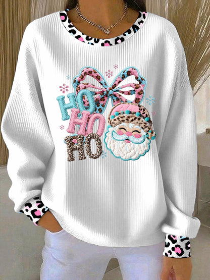Women's Santa Claus pink and blue leopard print Ribbed Round-Neck Sweatshirt