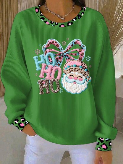 Women's Santa Claus pink and blue leopard print Ribbed Round-Neck Sweatshirt