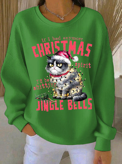 Women's Christmas cat print Ribbed Round-Neck Sweatshirt