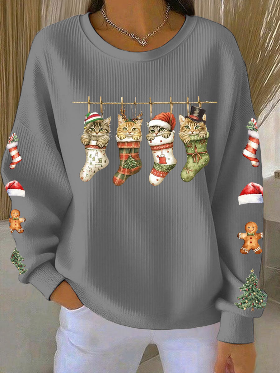 Women's Four Christmas cat print Ribbed Round-Neck Sweatshirt