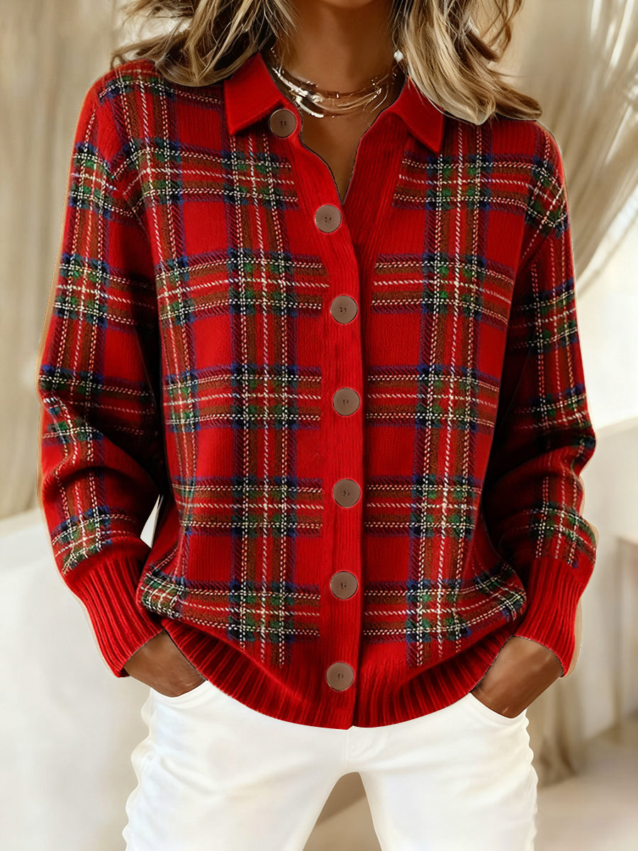 Women's Retro Christmas Plaid Art Print Casual Cardigan