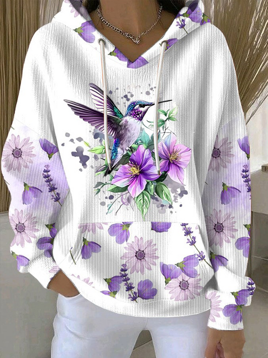 Women's Casual Purple Hummingbird Textured Hoodie