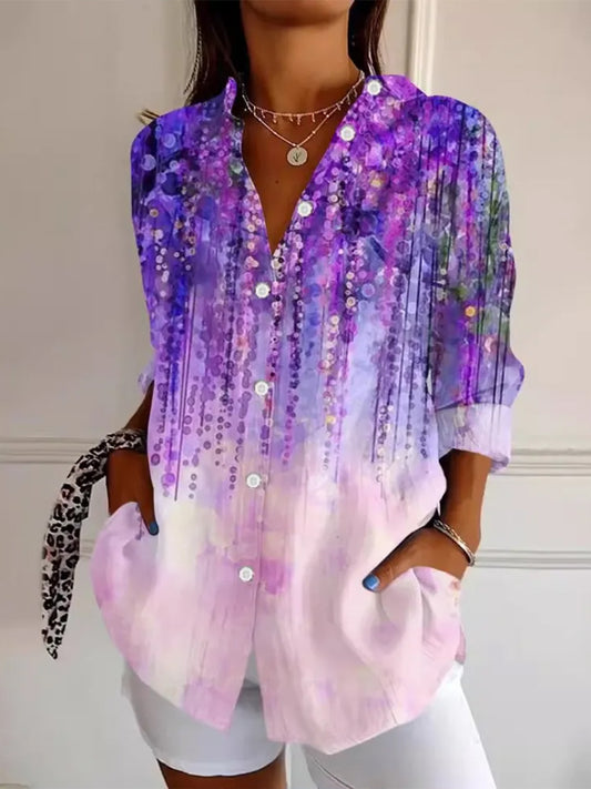 Women's Alzheimer's Awareness Purple Flower Printed Cotton Linen Long Sleeve Shirt