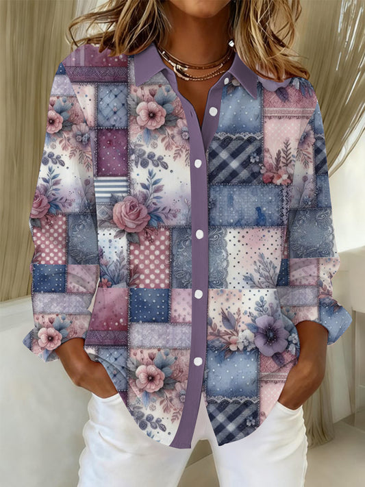 Women's Alzheimer's Awareness Purple Floral Patchwork Shirts