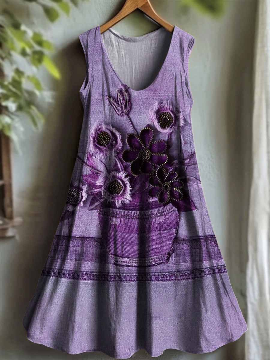Women's Purple Flora Art Print V-neck Dress