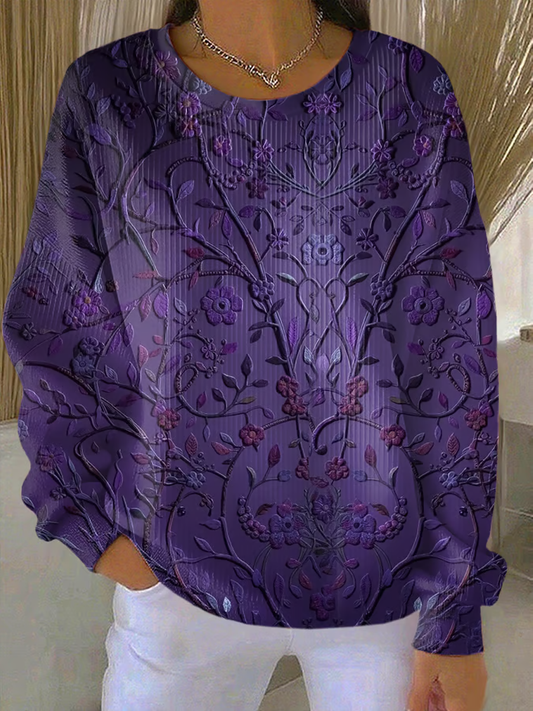 Women's Casual Purple Floral Texture Thickened Sweatshirt