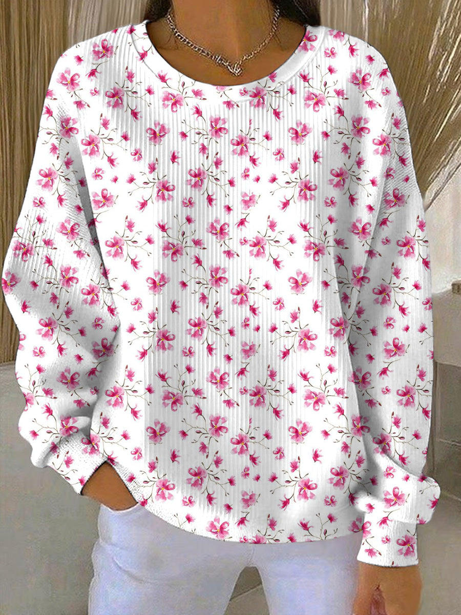 Women's Breast Cancer Pink Flowers Print Casual Sweatshirt