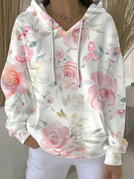 Women's Breast Cancer Pink Floral Print Casual Hoodie