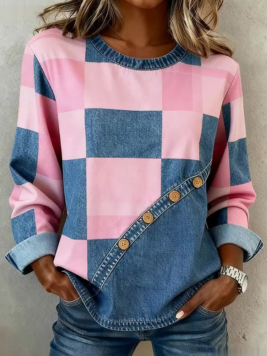 Women's Pink and Blue Plaid Pattern Patchwork Art Sweatshirt