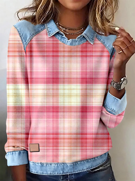 Women's Pink Plaid Pattern Patchwork Art Sweatshirt