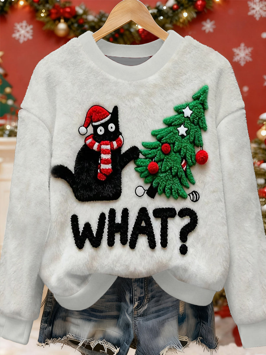 Women's Cute Christmas Cat Art Print Casual Flannel Sweater