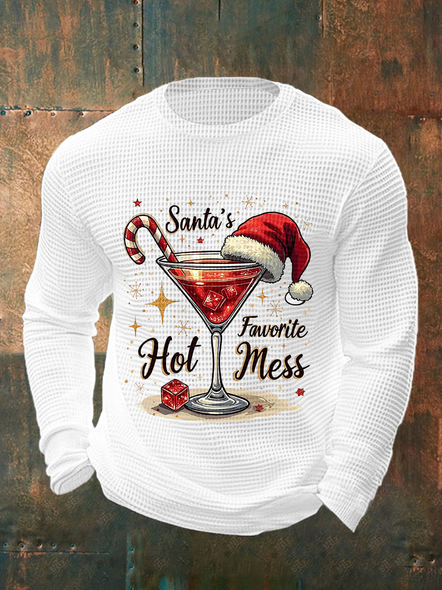 Men's Funny Christmas Santa's Favorite Hot Mess Casual Waffle Long Sleeve Top