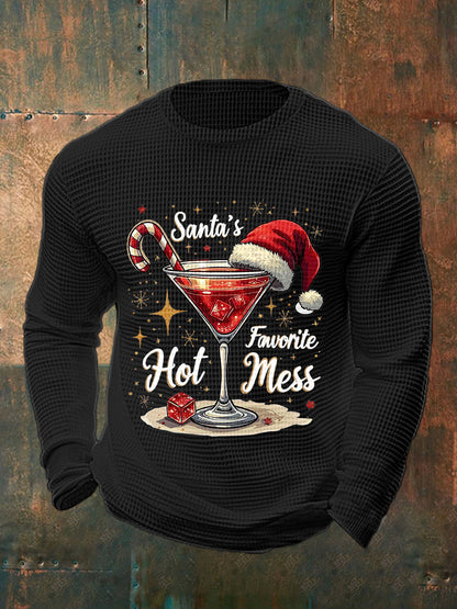 Men's Funny Christmas Santa's Favorite Hot Mess Casual Waffle Long Sleeve Top