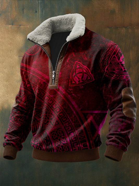Men's Viking Printed Long Sleeved Stand Up Collar Lambhair Zipper Top