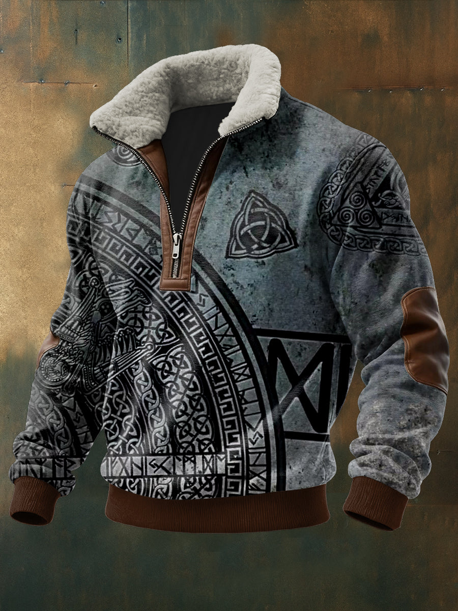 Men's Viking Printed Long Sleeved Stand Up Collar Lambhair Zipper Top
