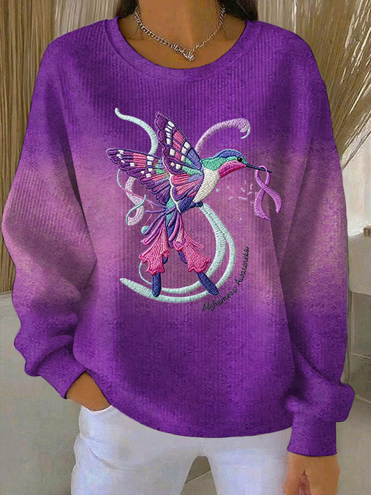 Women's Purple Gradient hummingbird Floral Print Ribbed Round-Neck Sweatshirt