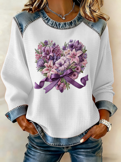 Women's Casual Retro Purple Floral Waffle Top