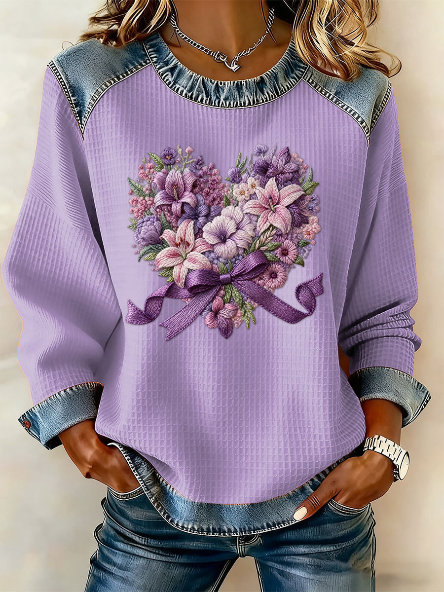 Women's Casual Retro Purple Floral Waffle Top