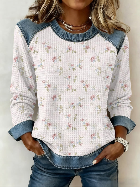 Women's Breast Cancer Pink Flowers Print Waffle Sweatshirt