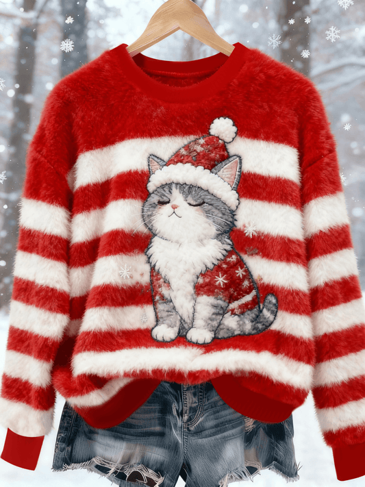 Women's Vintage Christmas Cat Printed Flannel Sweatshirt