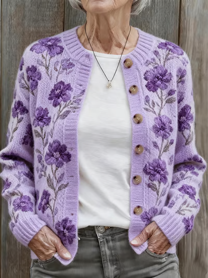 Women's Autumn and Winter Purple Floral Comfortable Warm Sweater Cardigan