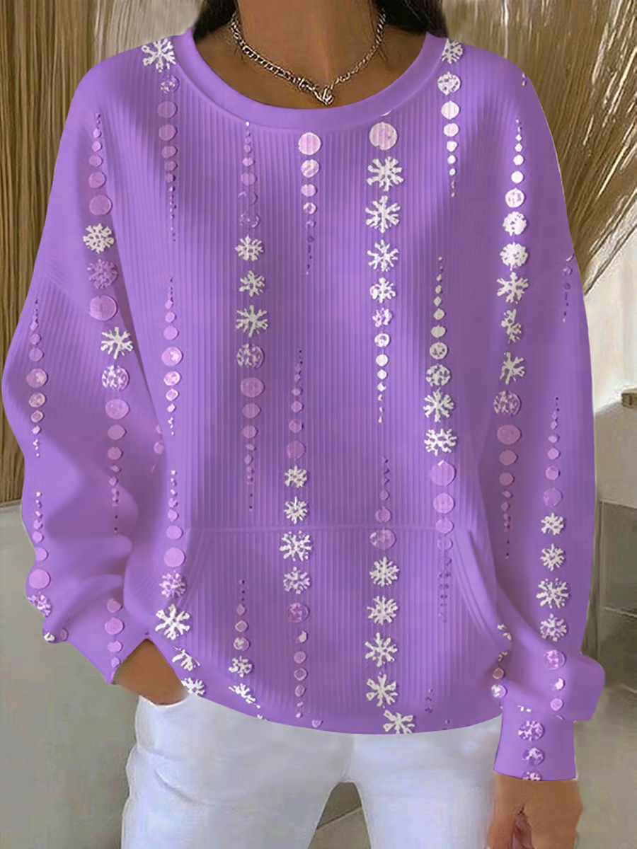 Women's Autumn Purple Printed Ribbed Round-Neck Sweatshirt