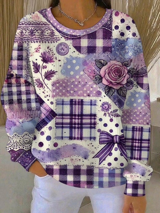 Women's Alzheimer's Awareness Purple Floral  Patchwork Ribbed Round-Neck Sweatshirt
