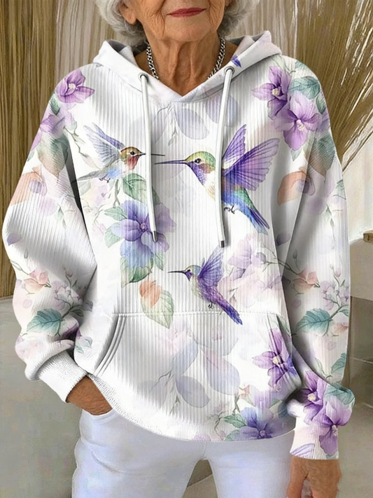 Women's Casual Purple Hummingbird Textured Hoodie