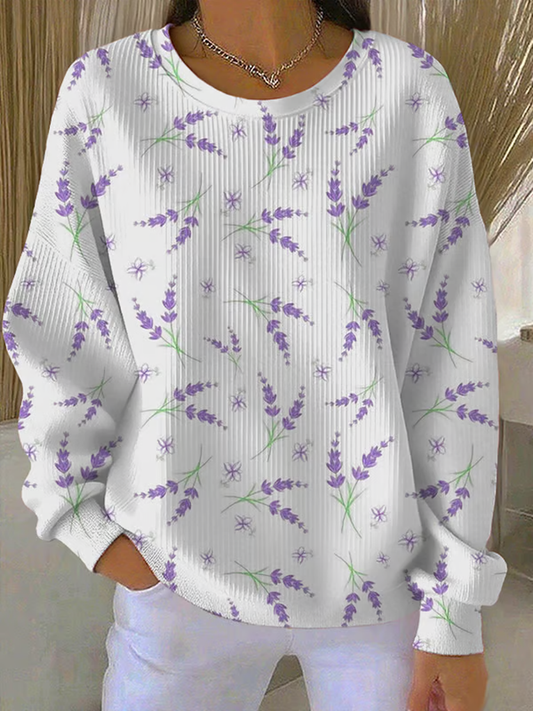 Women's Casual Purple Floral Ribbed Round-Neck Sweatshirt