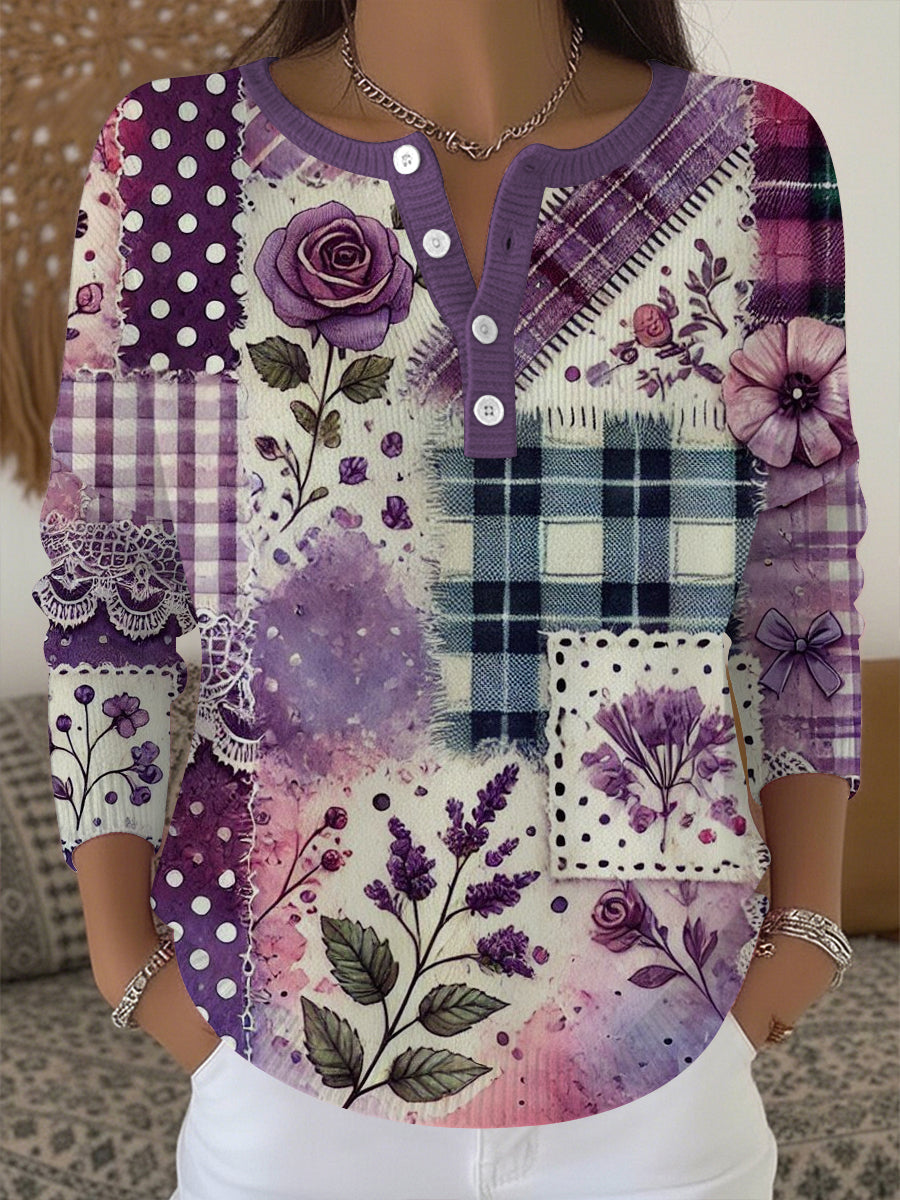 Women's Alzheimer's Awareness Purple Floral  Patchwork Top