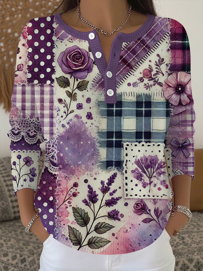 Women's Alzheimer's Awareness Purple Floral  Patchwork Top