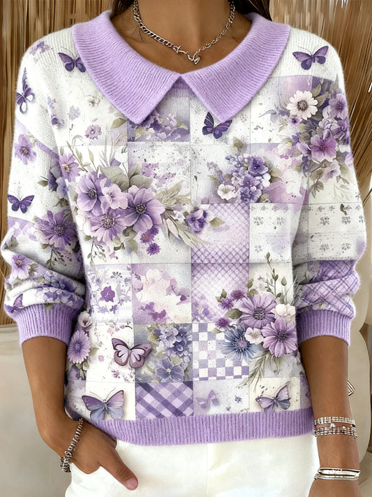Women's Alzheimer's Awareness Purple Floral Patchwork Casual Top
