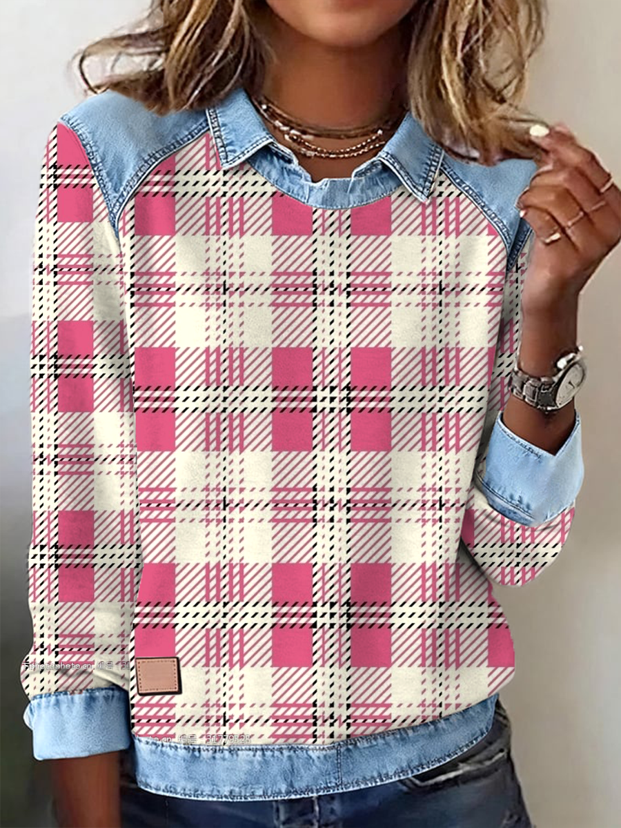 Women's Pink plaid print Denim patchwork Sweatshirt
