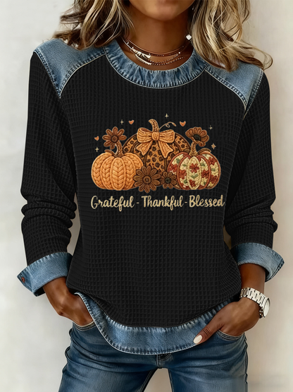 Women's Grateful Thankful Blessed Print Casual Crew Neck Top
