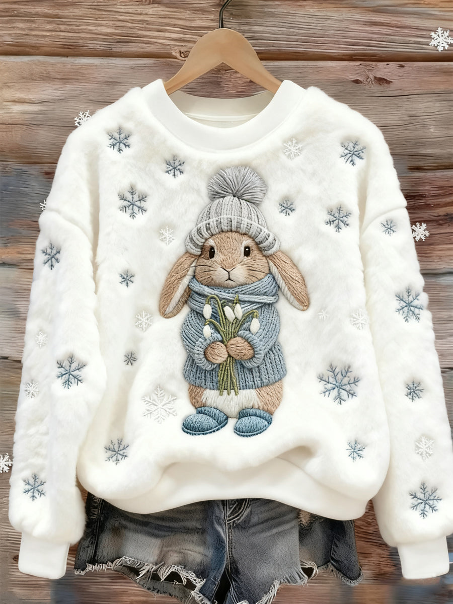 Women's Cute Winter Rabbit Print Casual Flannel Sweatshirt